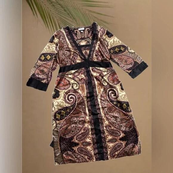 A Pea in the Pod YASB Maternity Dress Paisley Size M Women’s Bronze Black Kimono - Picture 3 of 7